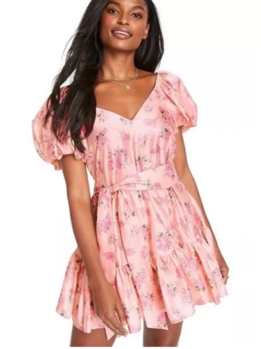 LoveShackFancy target Pink Floral Puff-Sleeve Tie-Waist Mini Dress